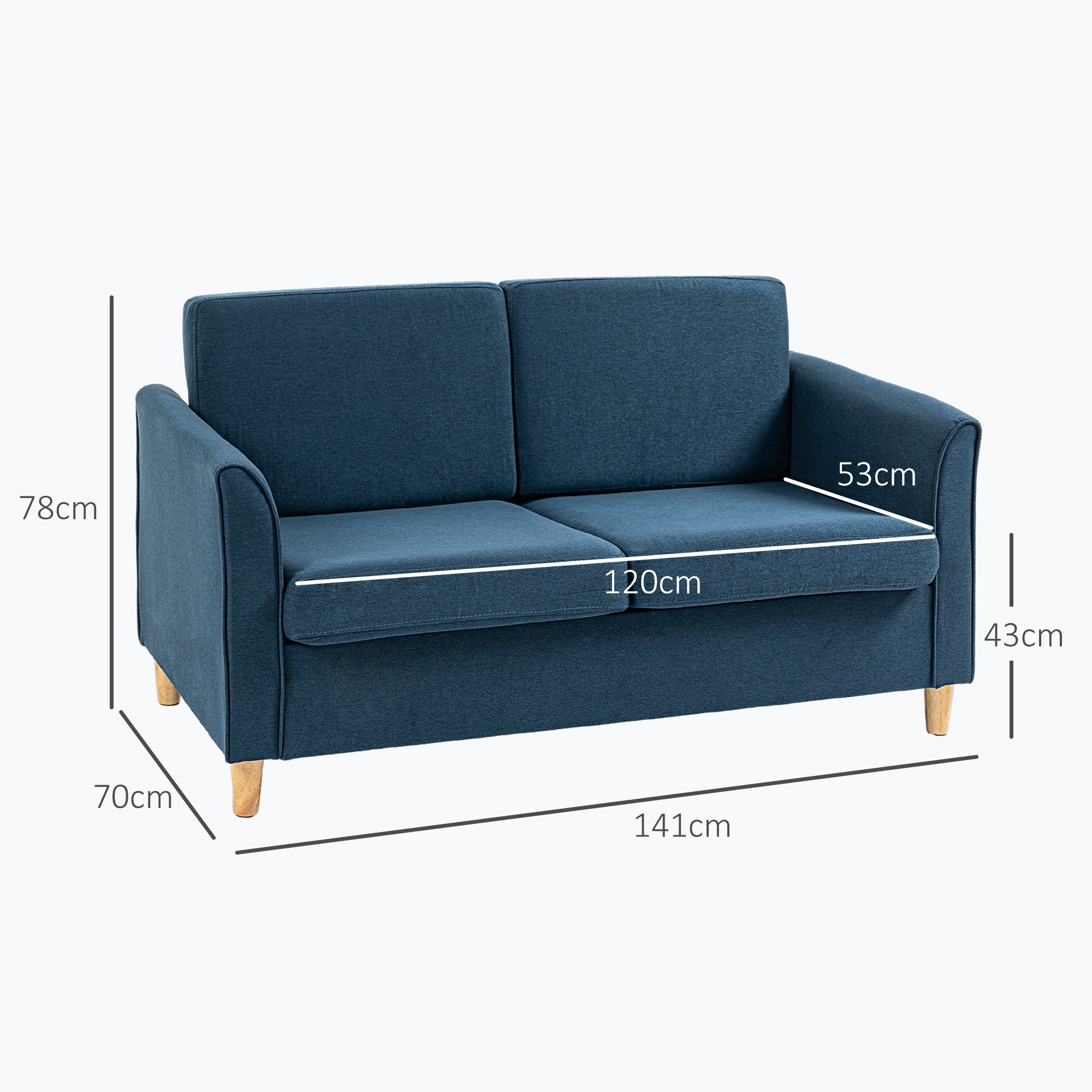 HOMCOM Compact Loveseat Sofa, Modern 2 Seater Sofa for Living Room with Wood Legs and Armrests, Blue